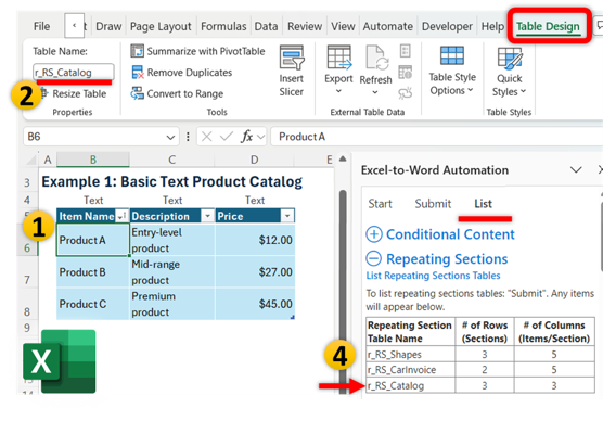 Repeating Sections Excel Set Up Instructions