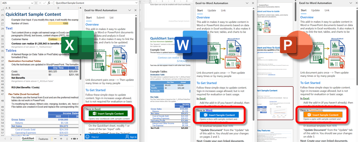 How to insert sample content in Excel, Word, and PowerPoint