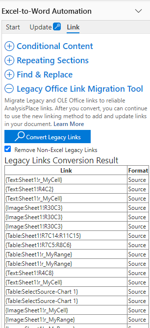 Legacy Office Link Migration Tool in AnalysisPlace