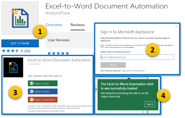 Step by step instructions on accessing the Excel-to-Word Document Automation Add-in from  Microsoft's AppSource Website