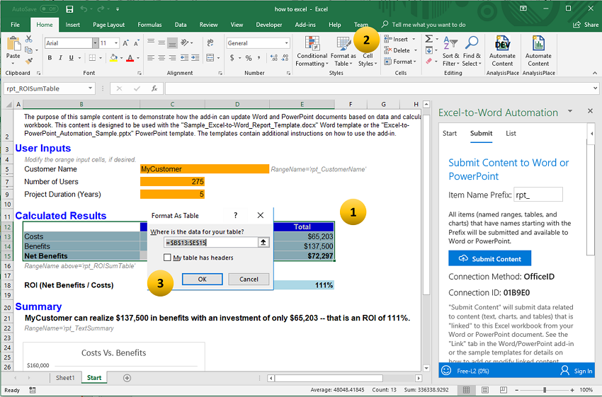 Excel screenshot showing alternate method to create table links in Excel