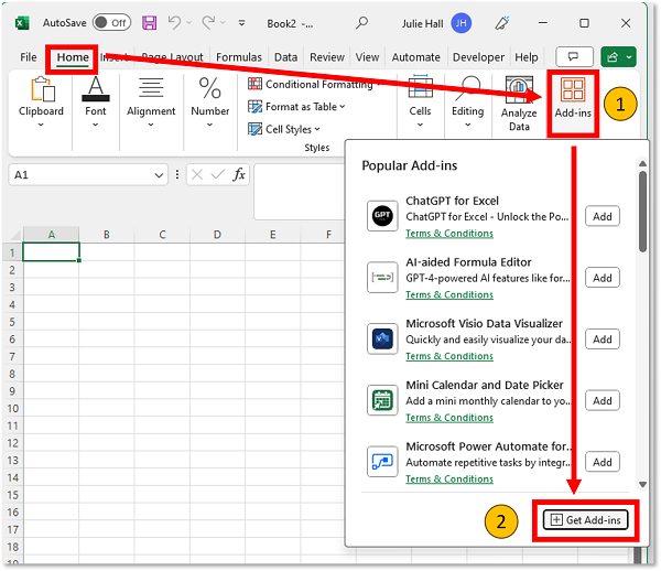 Excel screenshot showing how add-ins can be added from the home page