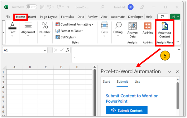 Excel screenshot showing how the Excel-to-Word Document Automation Add-in will open in the right panel of Excel.