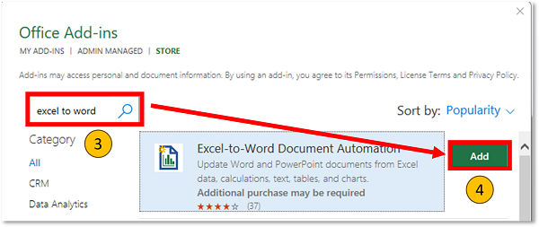 Search Office Add-ins for the Excel-to-Word Documentation Add-in